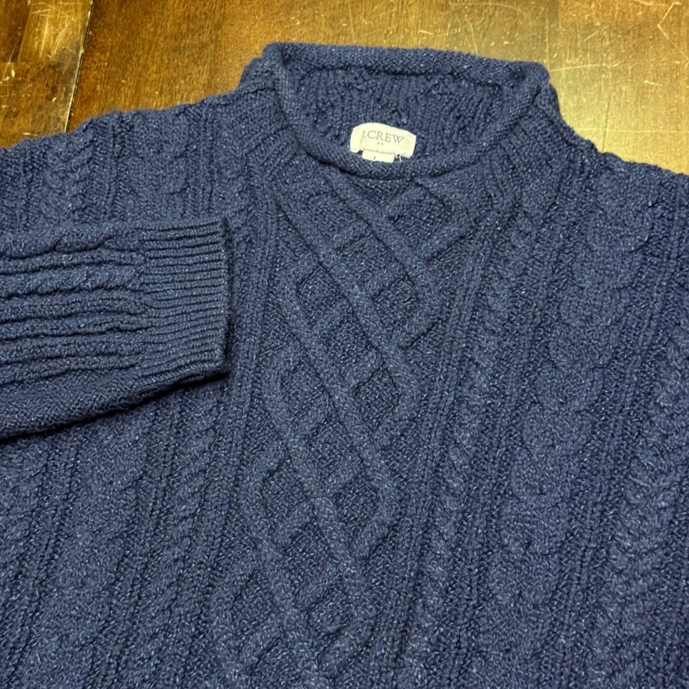J.Crew Cable Knit Rolled Neck Sweater Womens Large Navy Blue Cotton Blend CF738